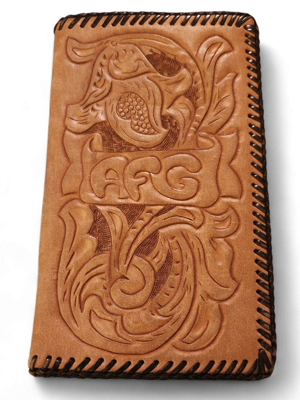 Vtg Hand Tooled Leather Checkbook Cover Long Wallet Monogram AFG Western Boho